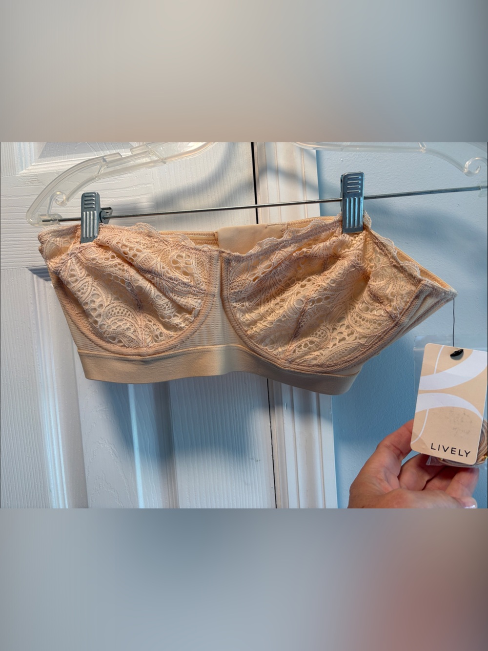Lively Lace Bralette in Peach with adjustable straps or can be worn strapless.